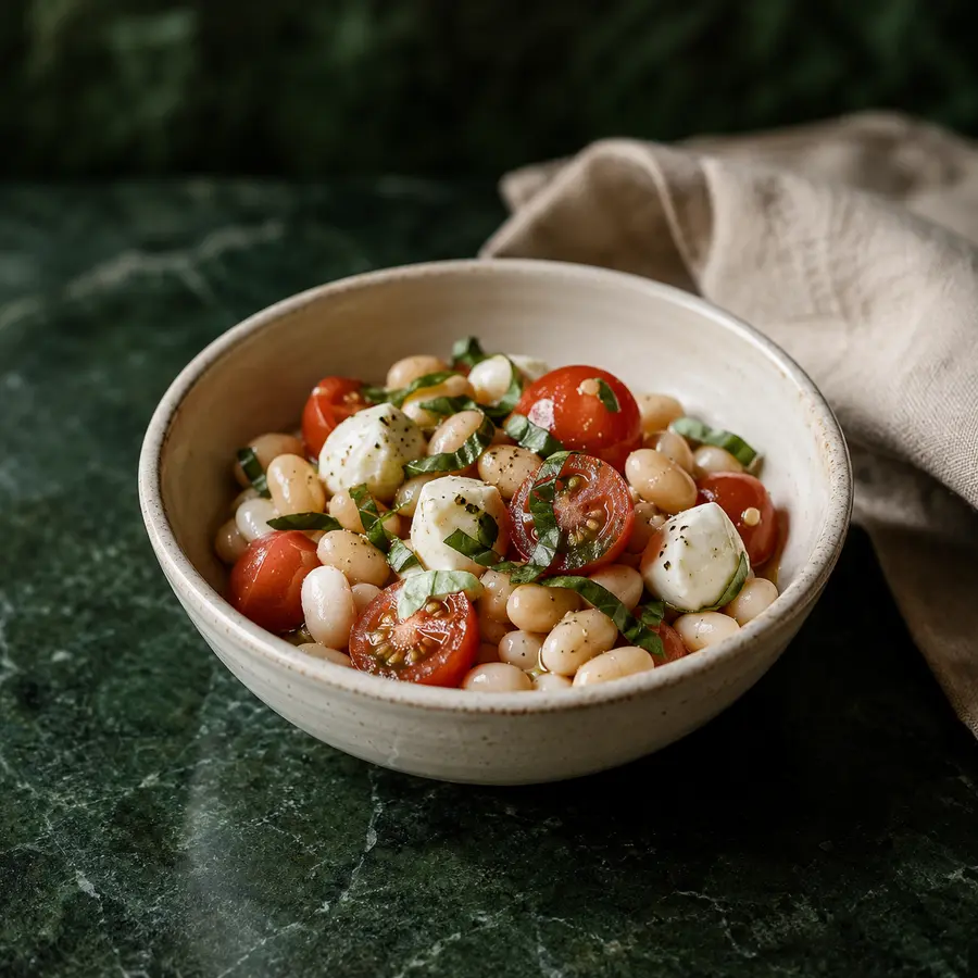 A modest cup of white beans, halved cherry tomatoes, pearl mozzarella, and basil on forest-green stone.