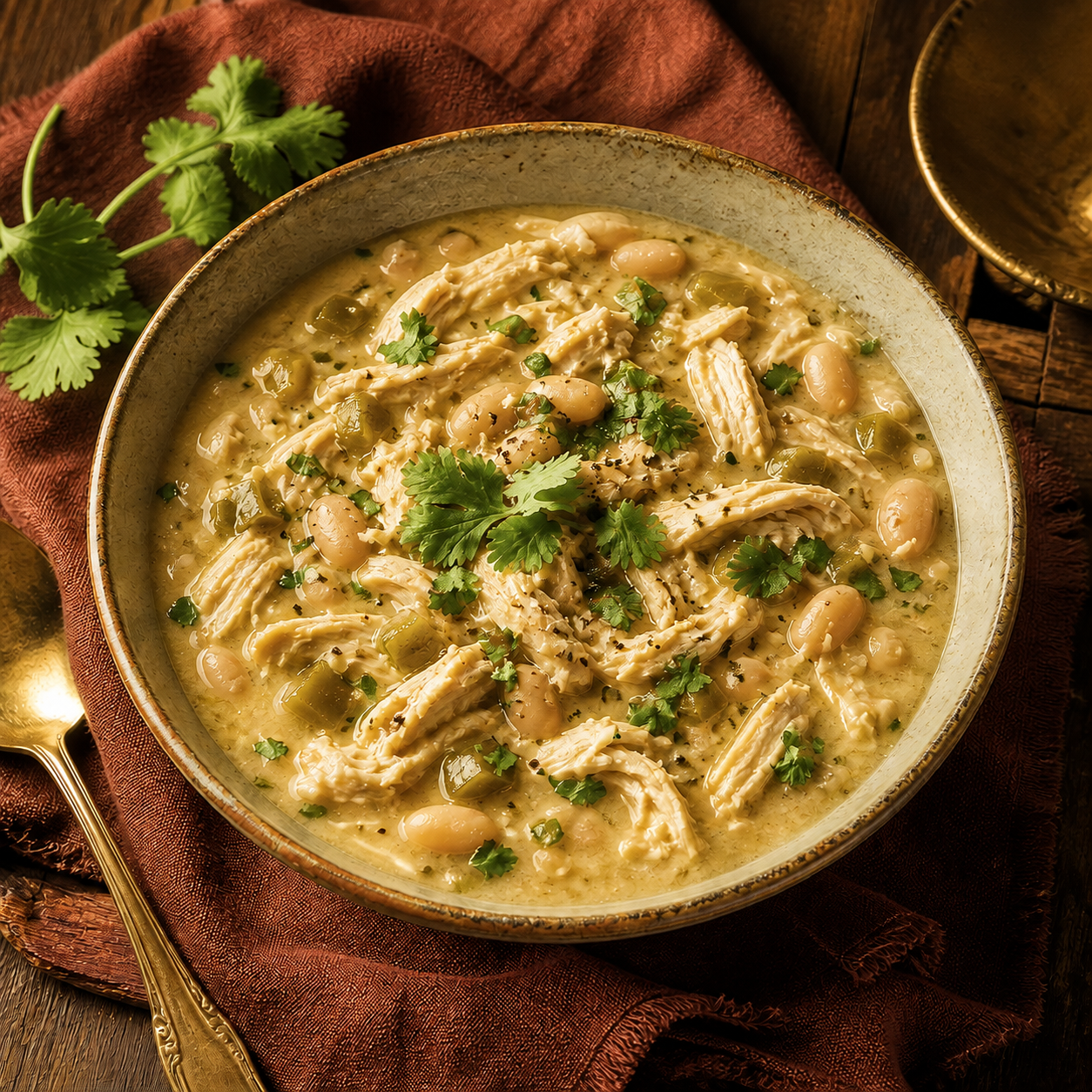 Creamy white bean chicken chili in a green crock
