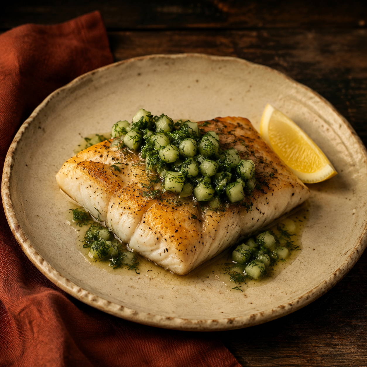 Painterly guildhall serving of White Sea Bass with Dill Relish beside muted-rust linen.