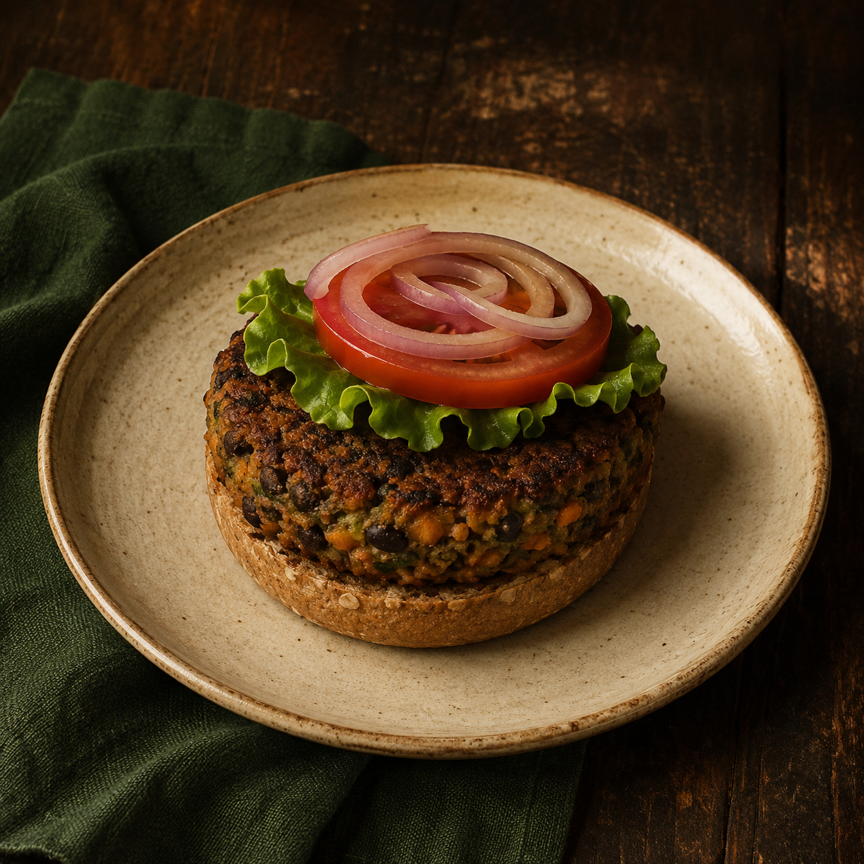 Painterly guildhall serving of Whopper Veggie Burger beside forest-green linen.