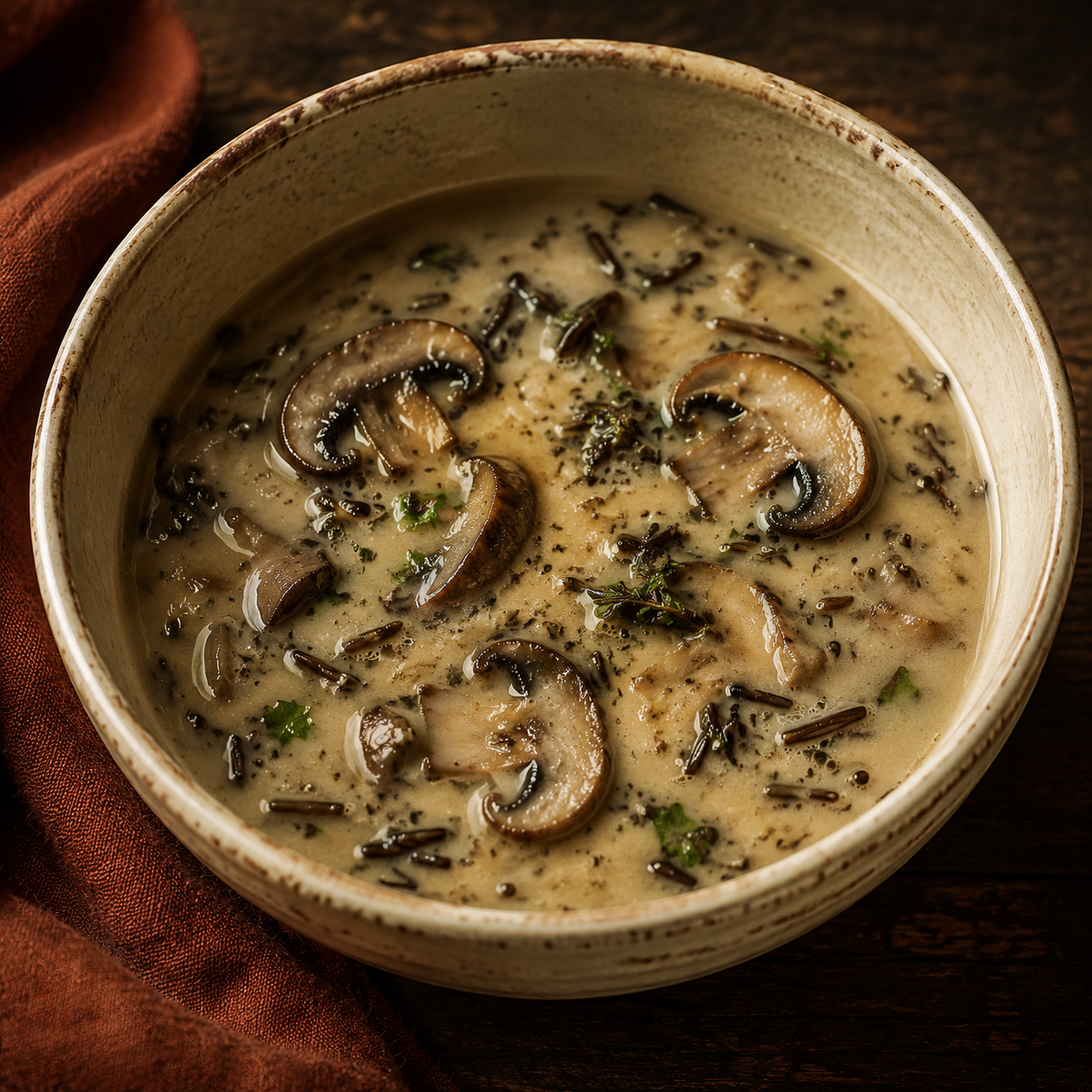 Painterly guildhall serving of Wild Rice Mushroom Soup beside muted-rust linen.