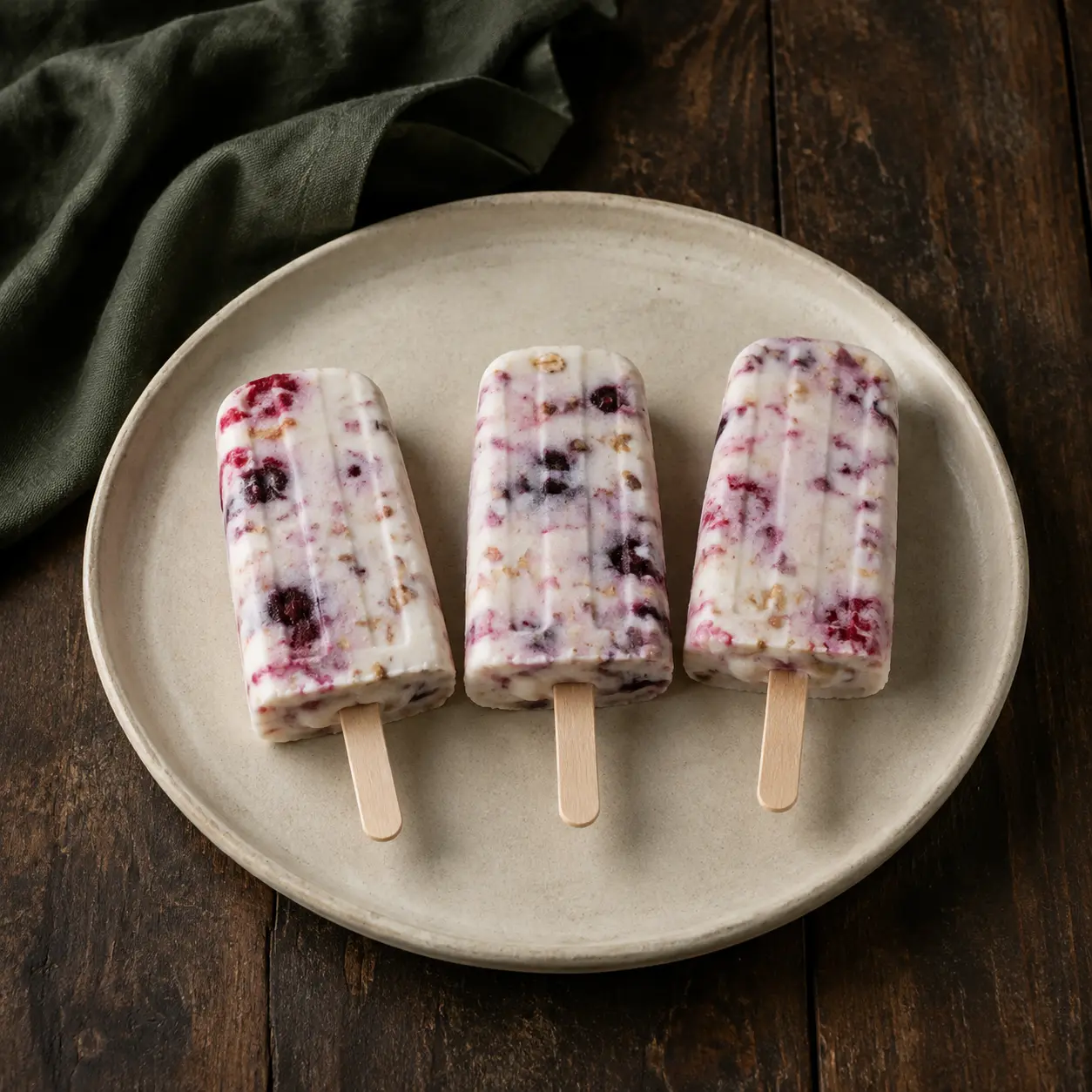 Berry and yogurt breakfast popsicles on cream stoneware beside forest-green linen.
