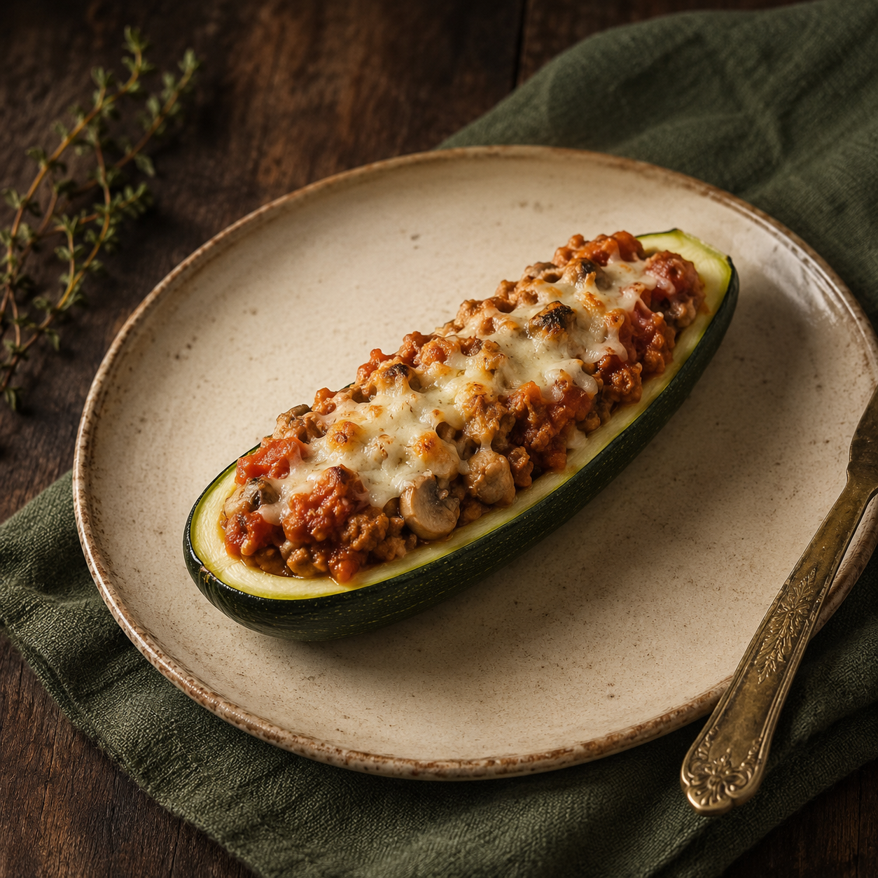 A turkey-stuffed zucchini boat with melted cheese beside forest-green linen.