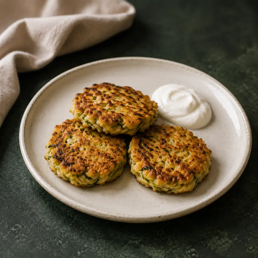 Three small golden zucchini chickpea fritters on a restrained plate over dark forest-green stone.