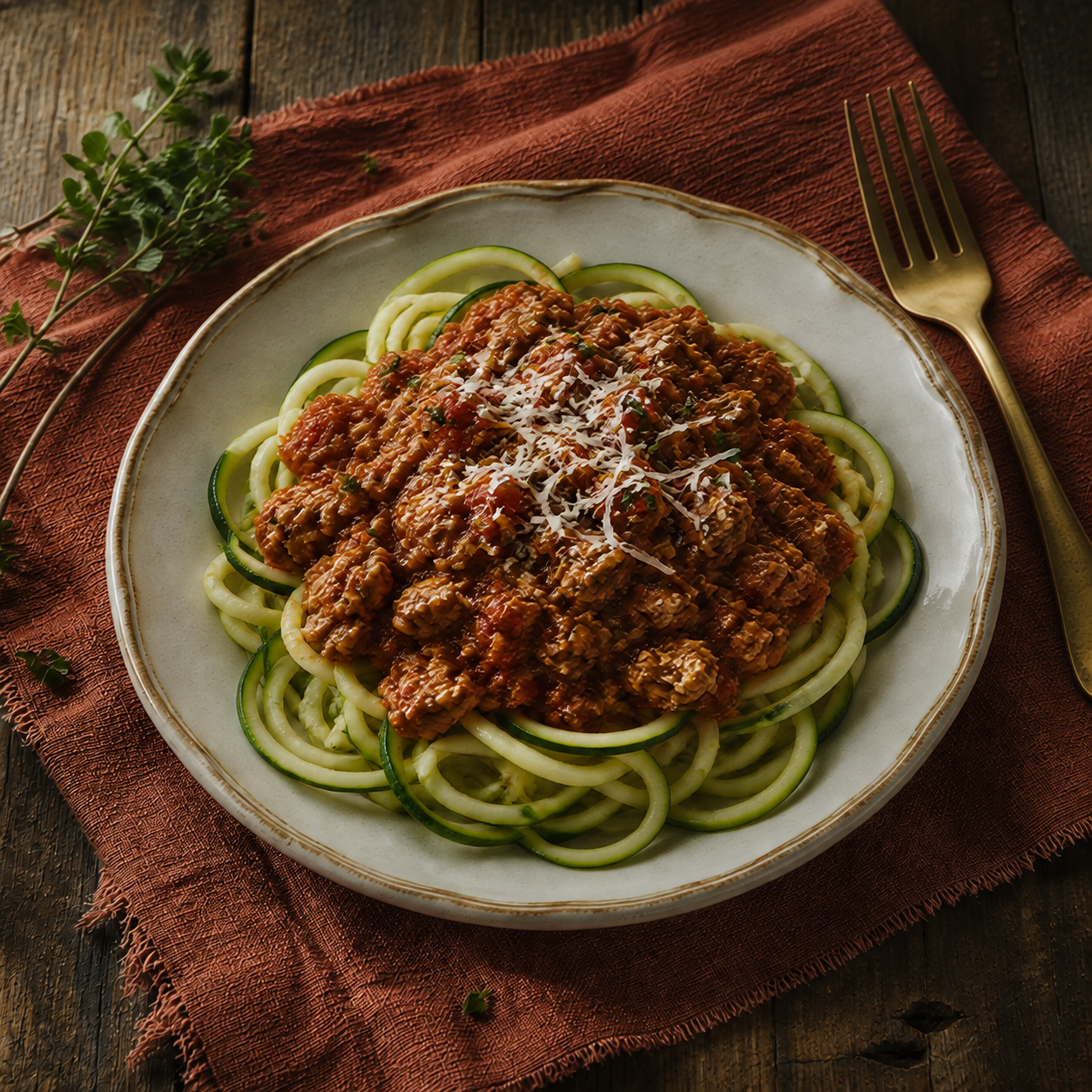 Soft zucchini ribbons with turkey tomato sauce